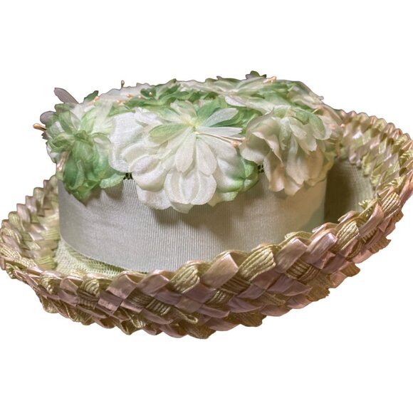 Ladies Green Floral Vintage Breton Style Hat Wide Ribbon Accent Union Made - Picture 7 of 14